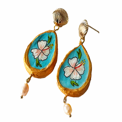 Blue Hibiscus Shell Earrings